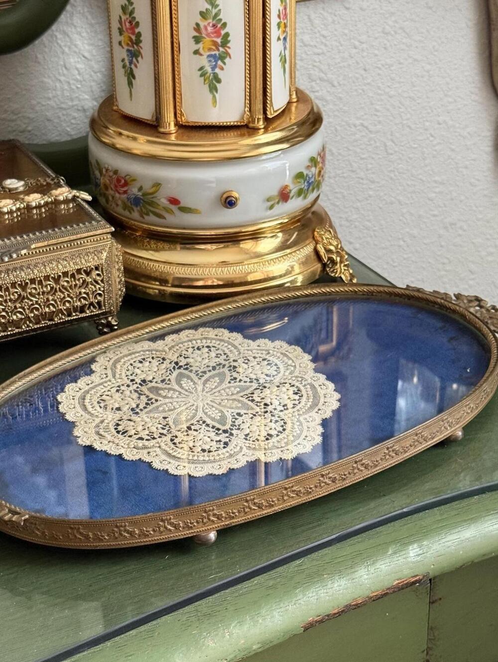 Vintage Brass Antique Royal Blue velvet & Lace Footed Oval Dresser vanity Tray